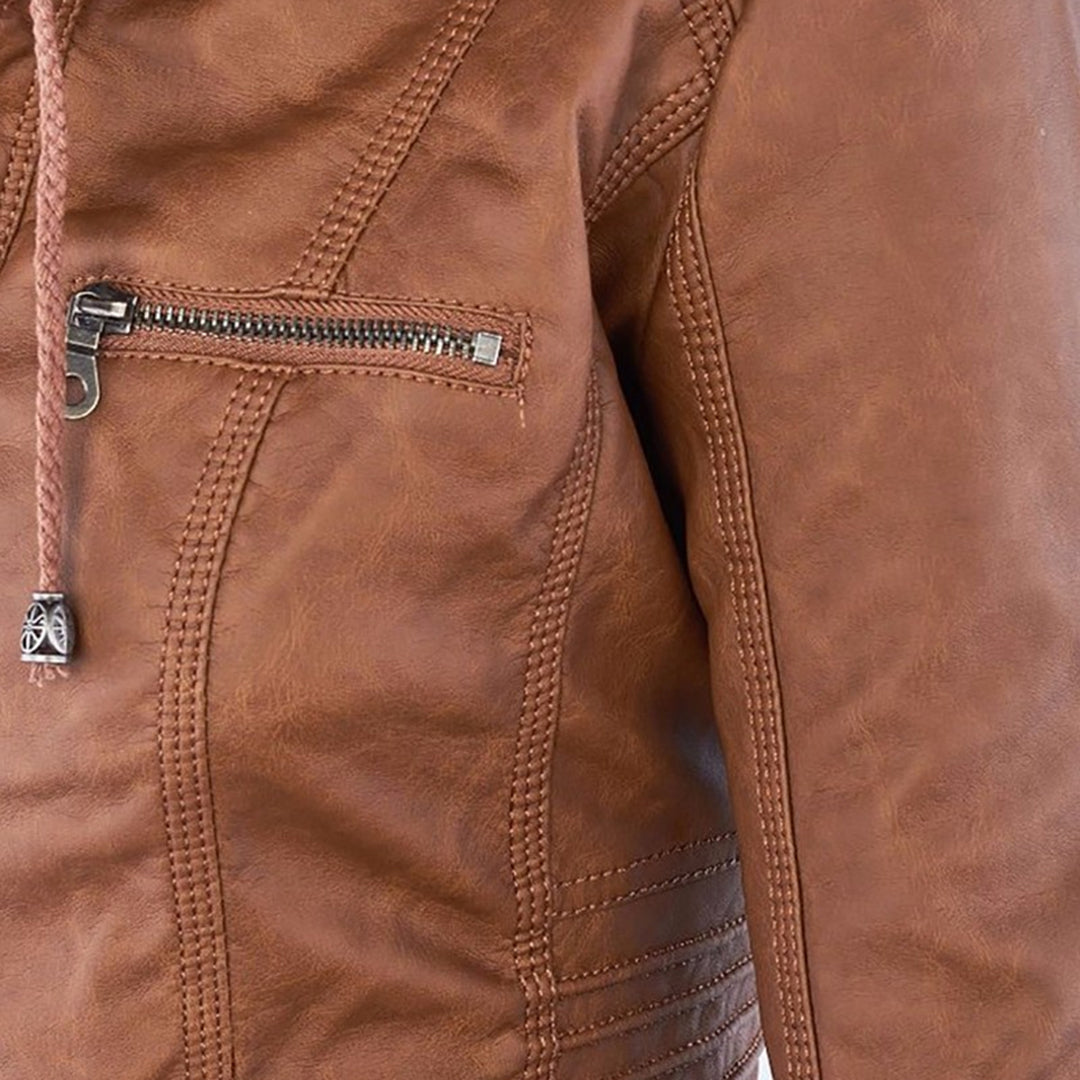 Veste femme en similicuir à capuche et fermeture zippée