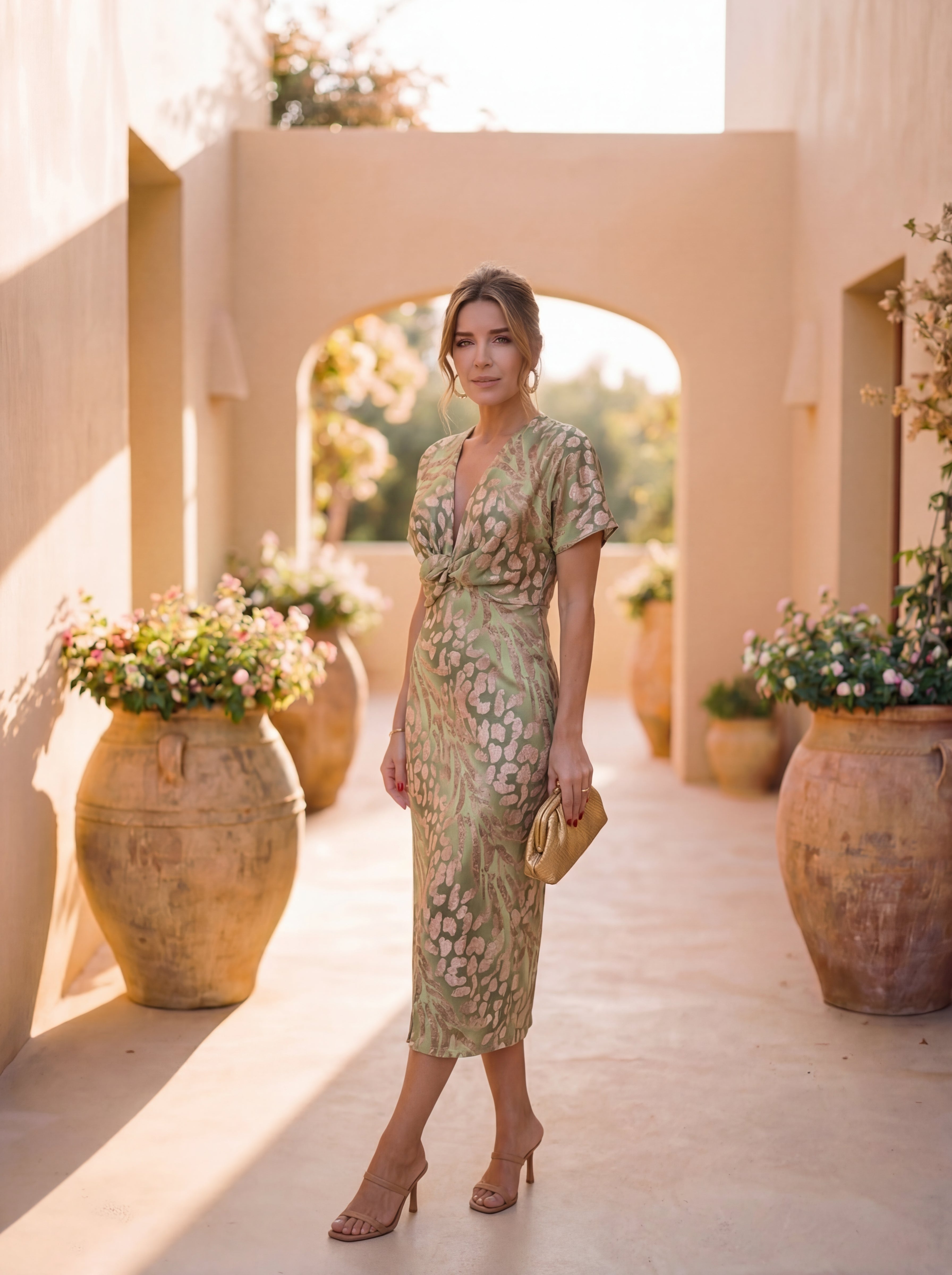 Robe Femme Midi Élégante Coupe Cintrée Détail Noué Fluide