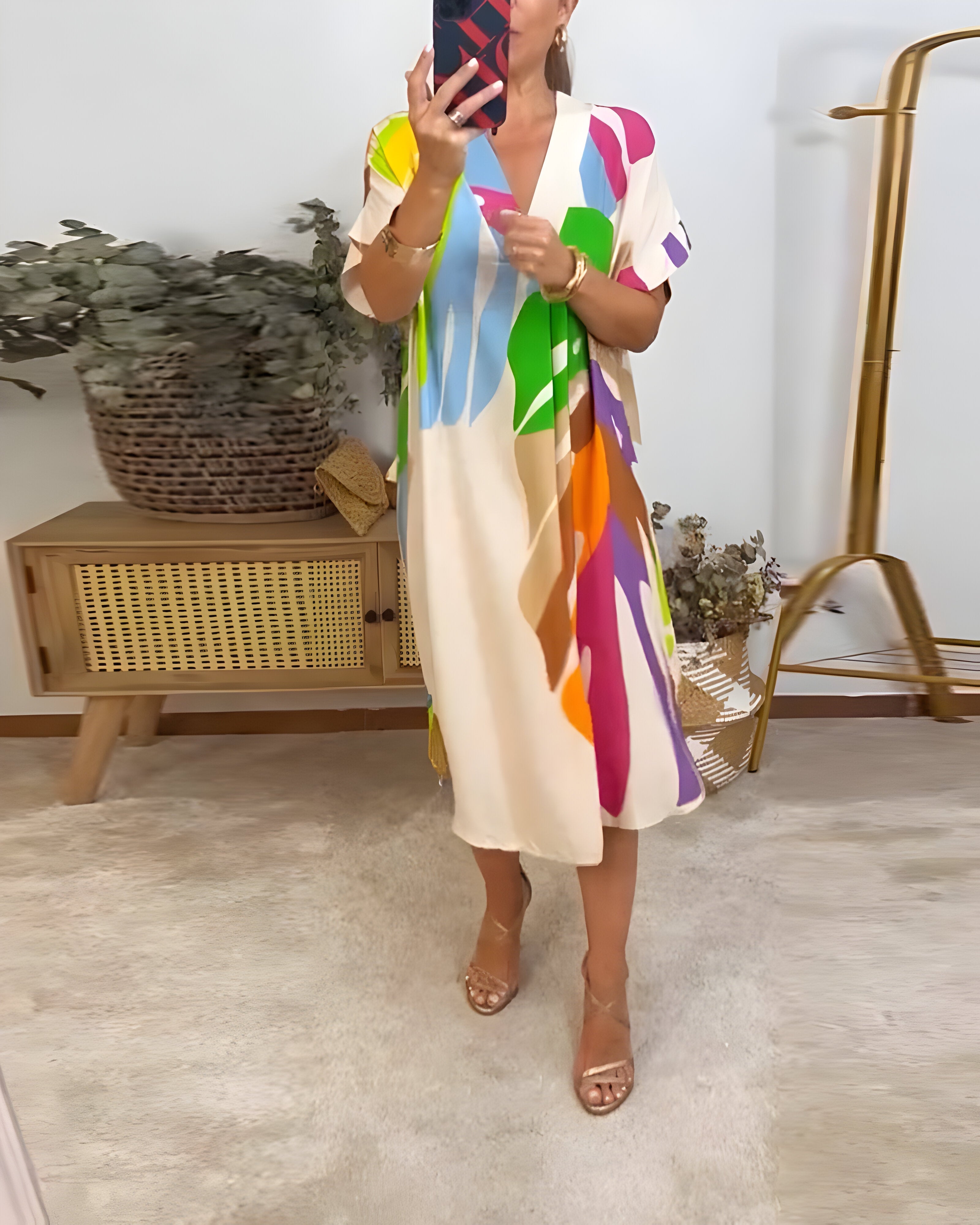 Robe Femme Imprimé Feuillage Coupe Ample Col V Style Décontracté
