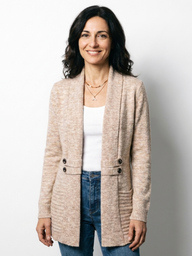 Cardigan femme long en maille avec boutons décoratifs