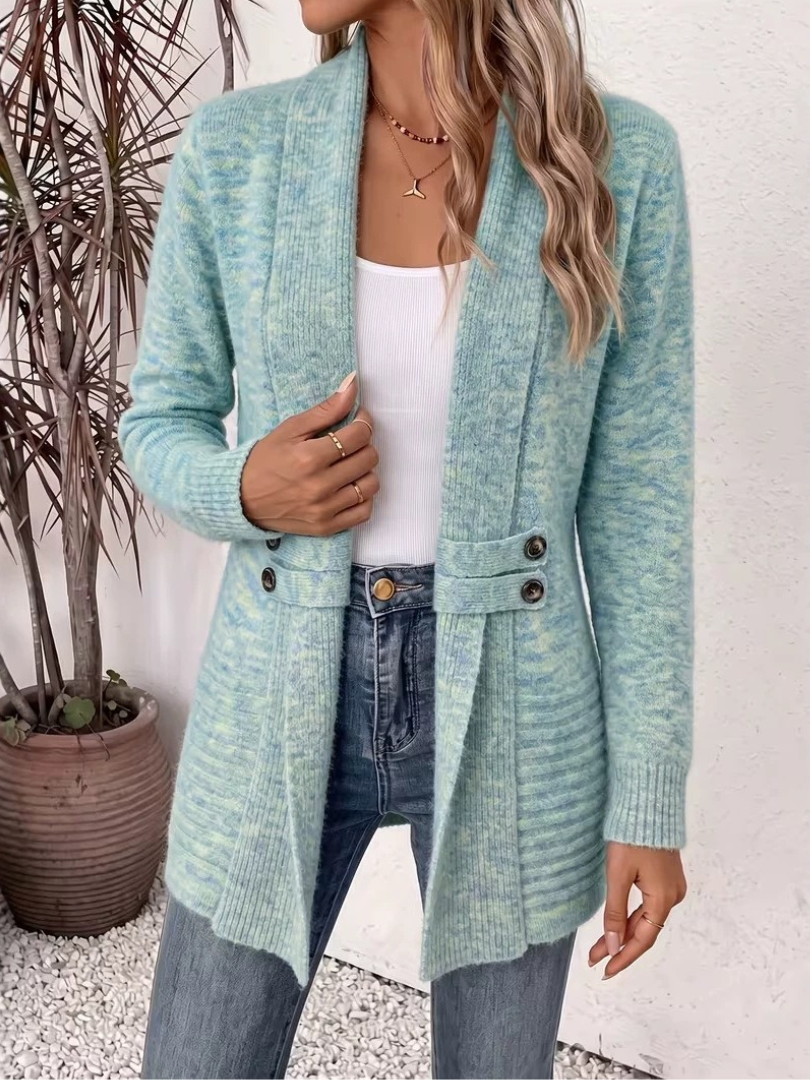 Cardigan femme long en maille avec boutons décoratifs