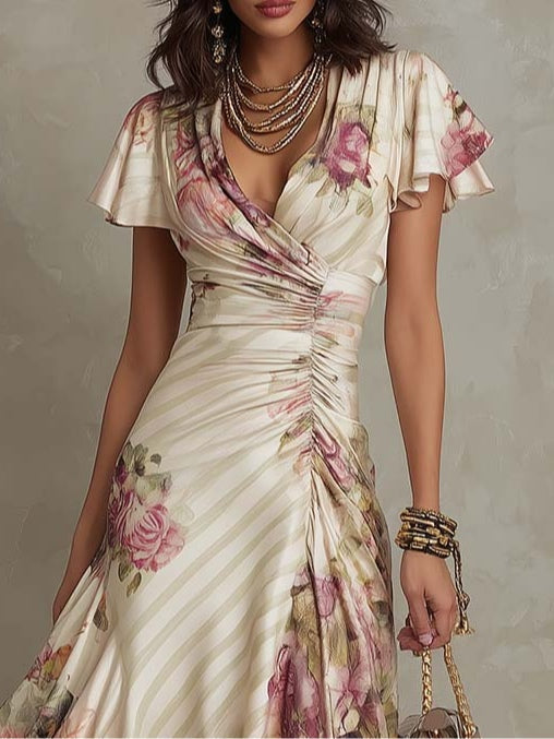 Robe Femme Midi Satin Floral Coupe Cache-Cœur Élégante Rétro