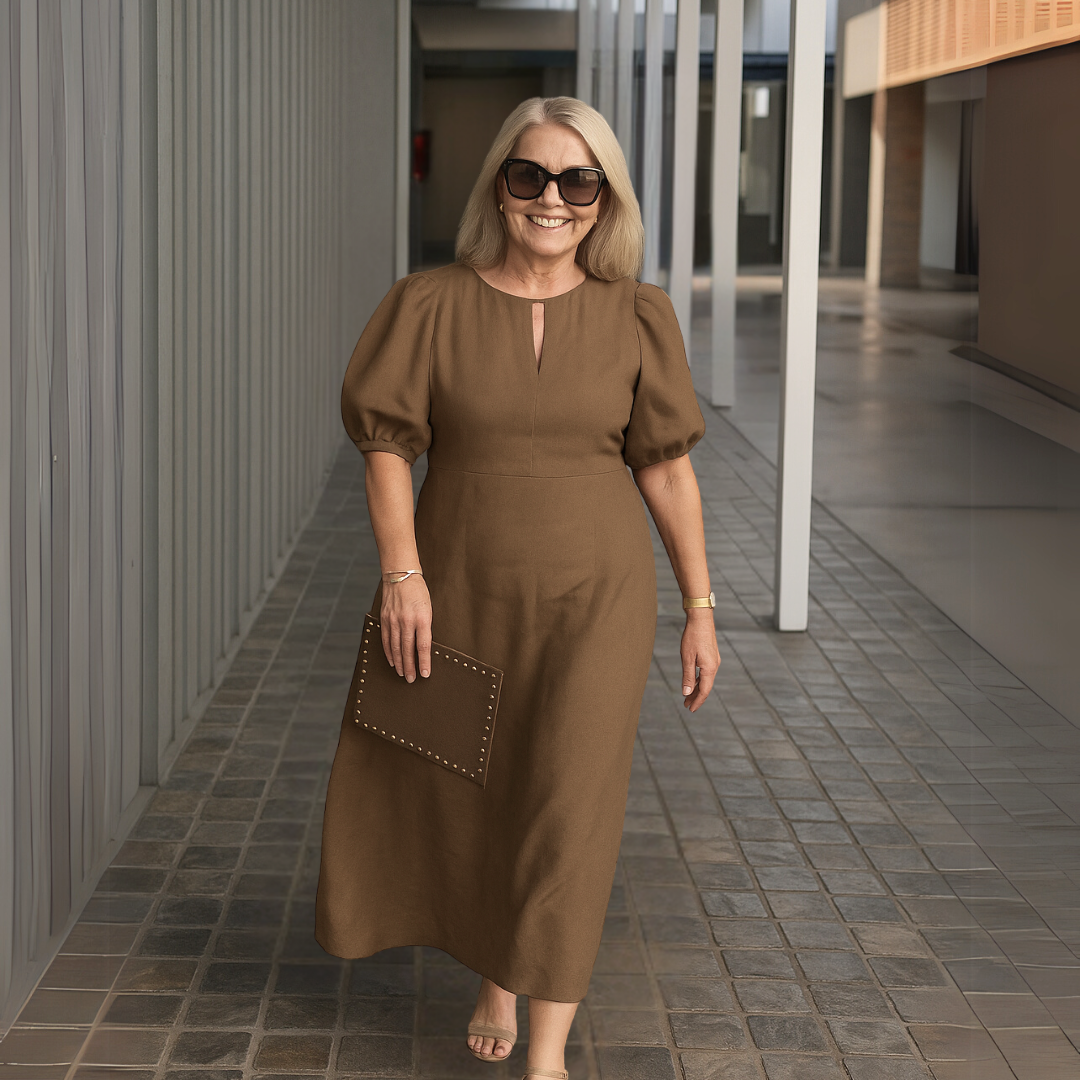 Robe Femme Midi Élégante Col V Manches Bouffantes Fluide Chic