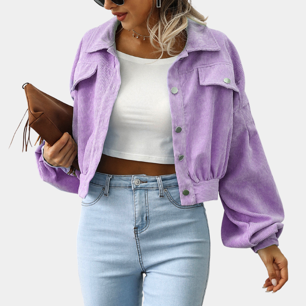 Veste Femme Courte en Velours Côtelé Boutonnée Style Décontracté