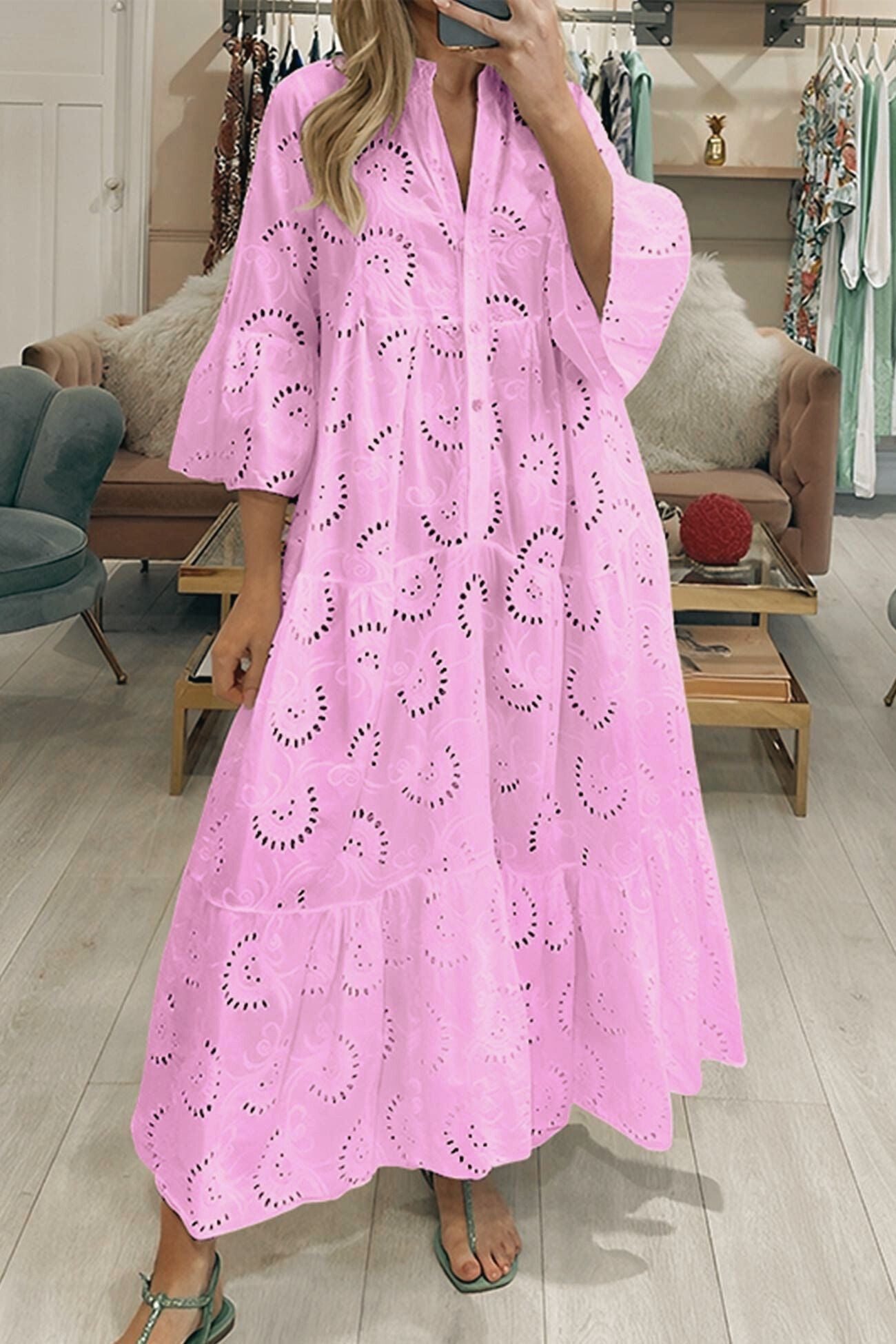 Robe longue femme coton brodé col V manches évasées fluide été bohème