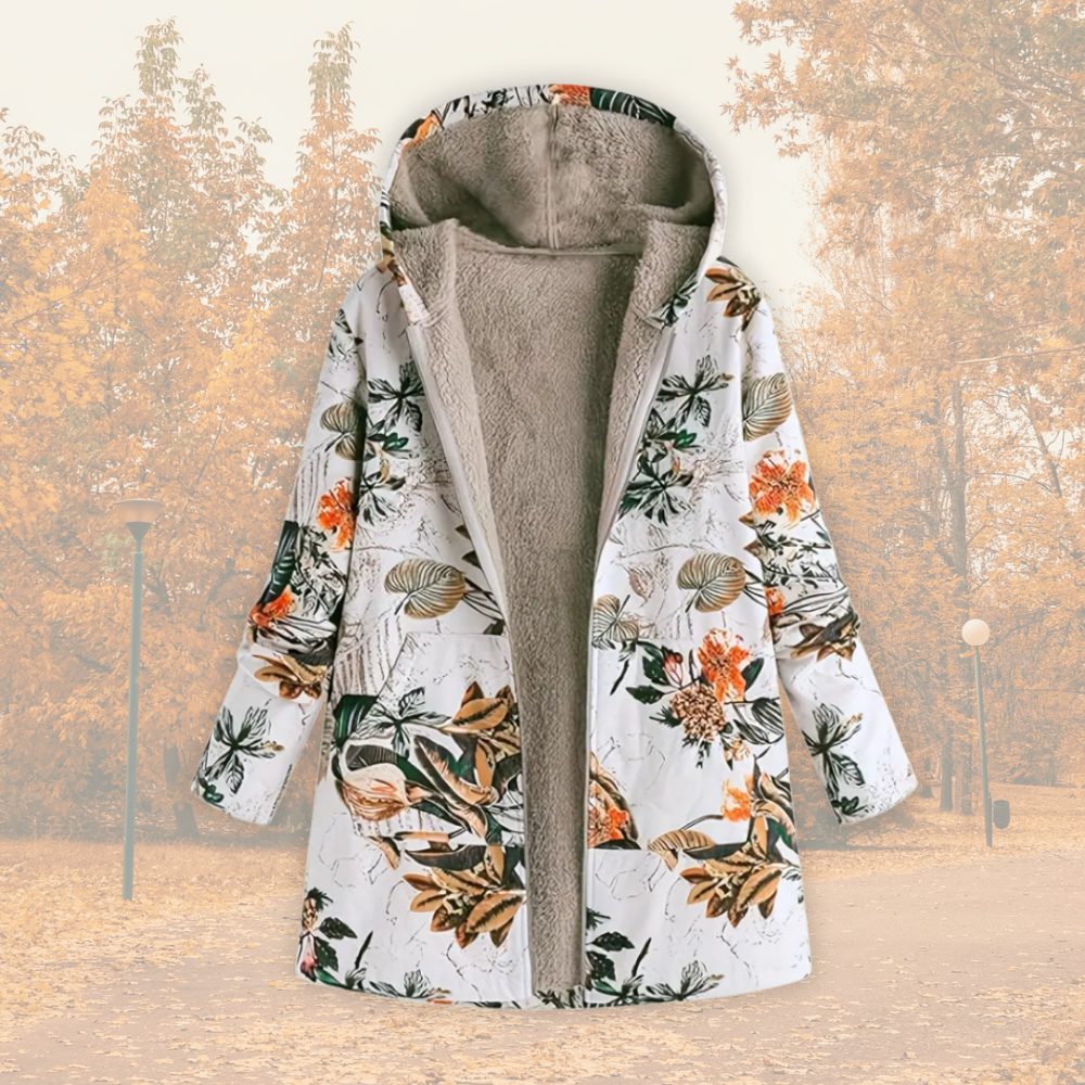 Veste femme doublée polaire à capuche imprimé floral – manteau chaud hivernal