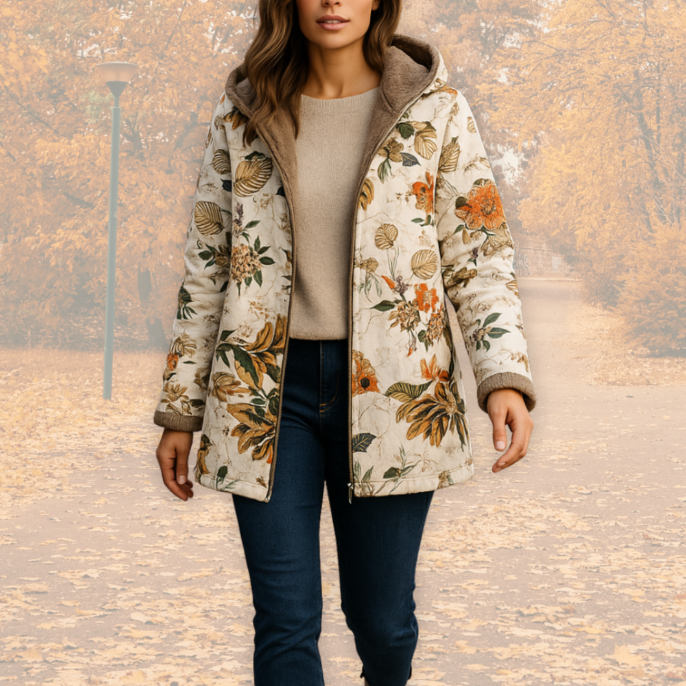 Veste femme doublée polaire à capuche imprimé floral – manteau chaud hivernal