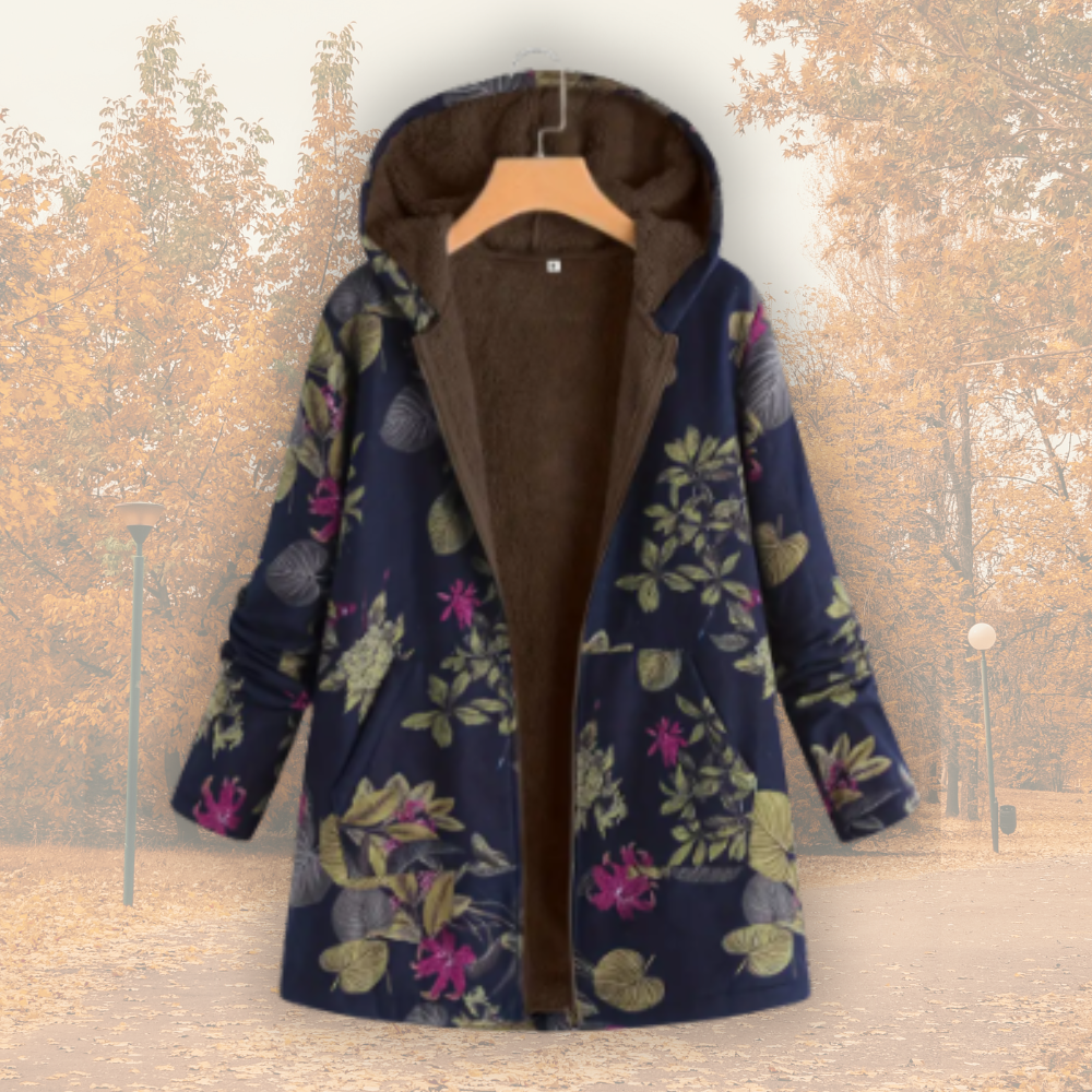 Veste femme doublée polaire à capuche imprimé floral – manteau chaud hivernal