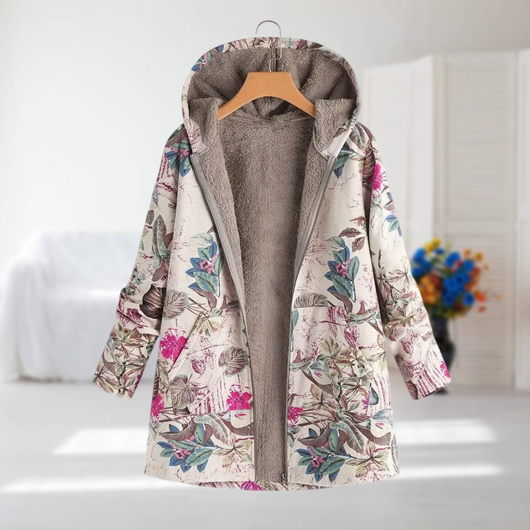 Veste femme doublée polaire à capuche imprimé floral – manteau chaud hivernal