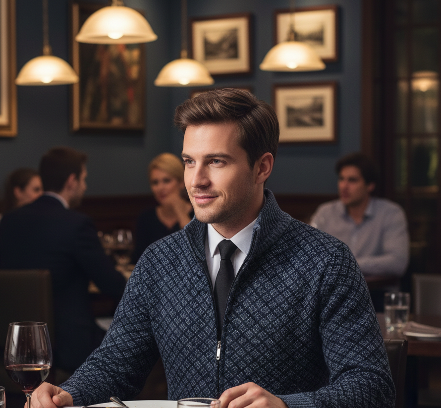 Cardigan Homme Zippé Col Montant Tricot Jacquard Losangé