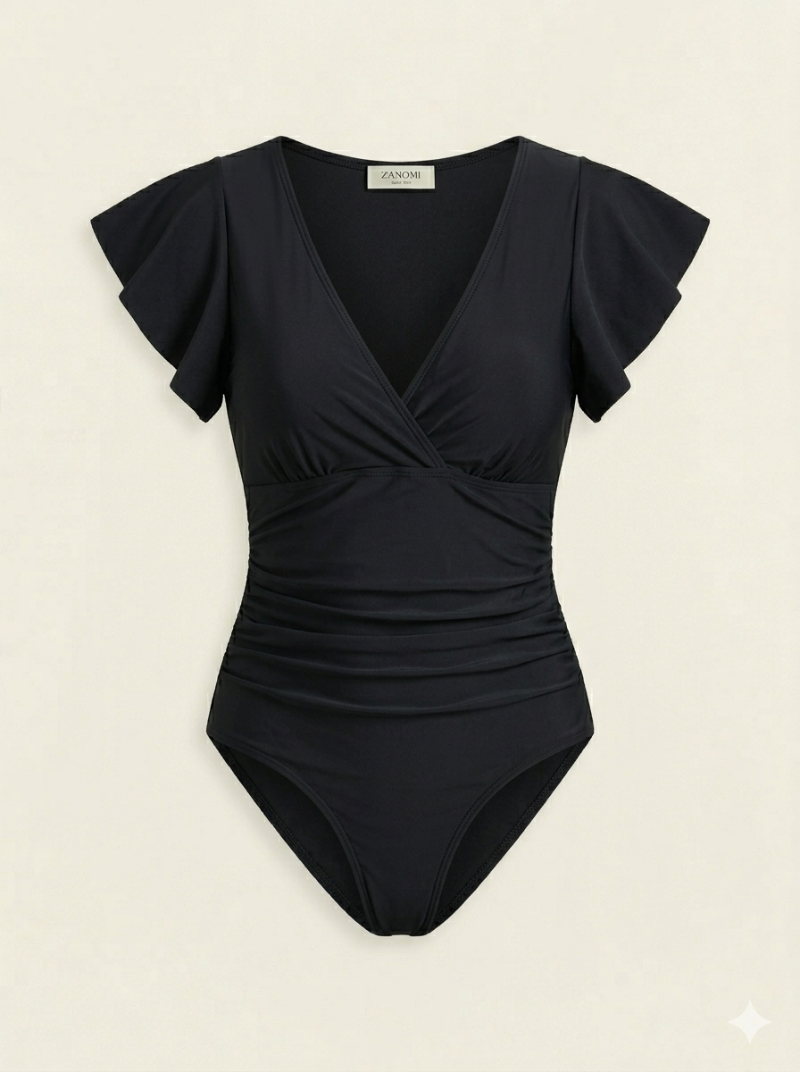 Maillot de bain une pièce femme à col V croisé et manches volantées