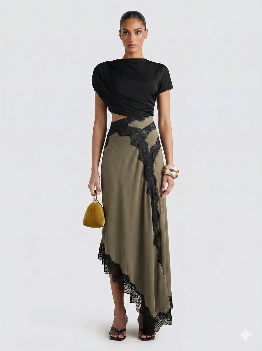 Ensemble Femme Élégant avec Top Asymétrique et Jupe Dentelle