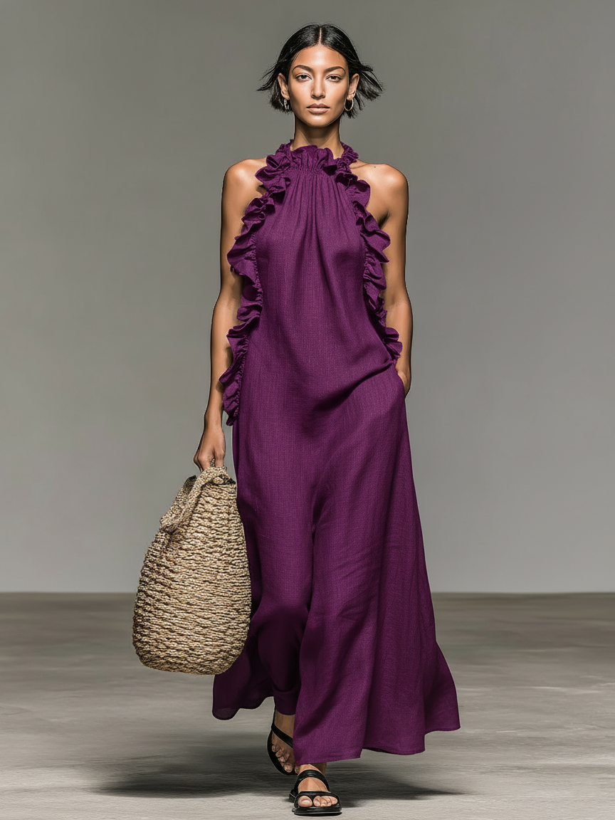 Robe maxi femme sans manches à volants avec poches