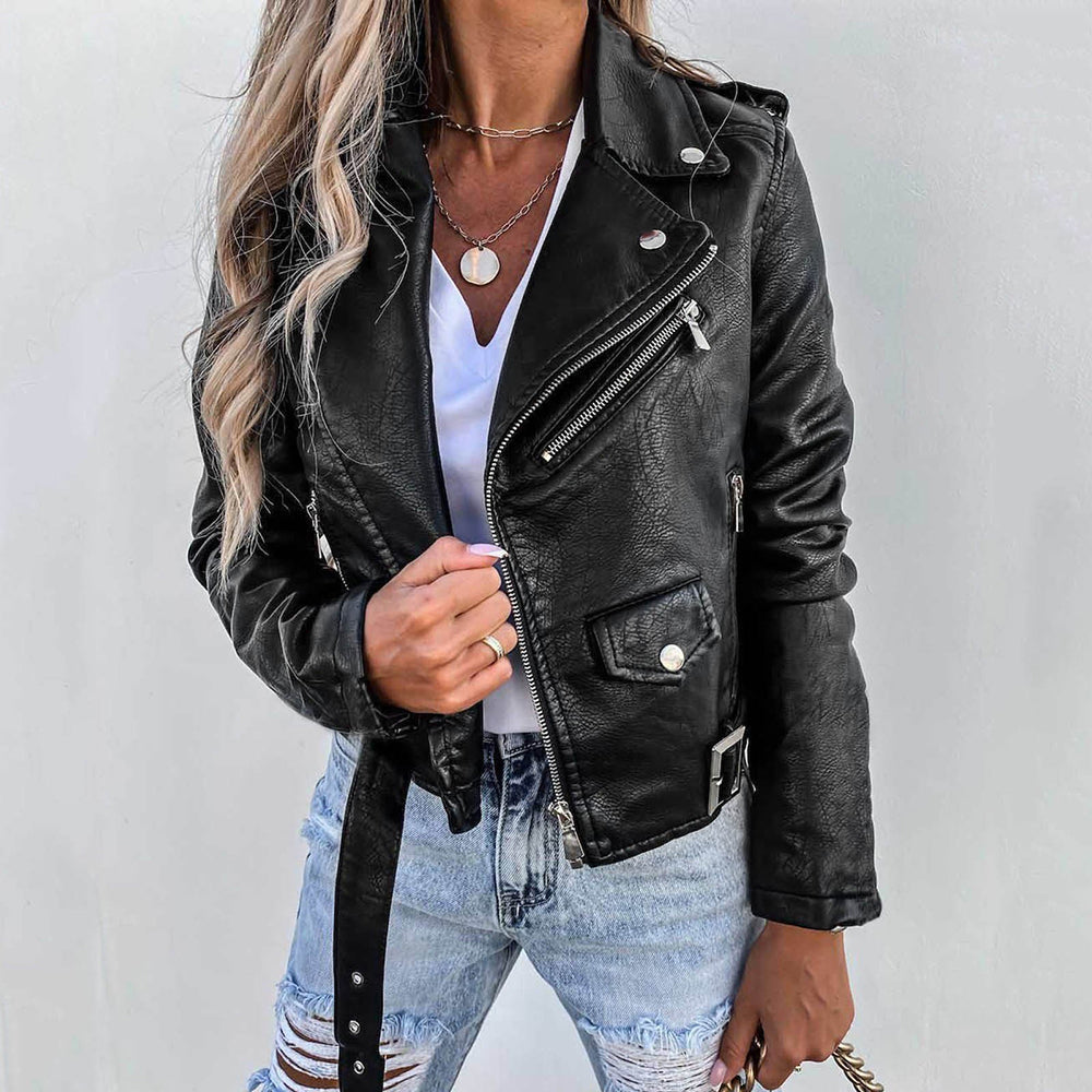 Veste biker femme en similicuir avec fermeture asymétrique – style urbain moderne