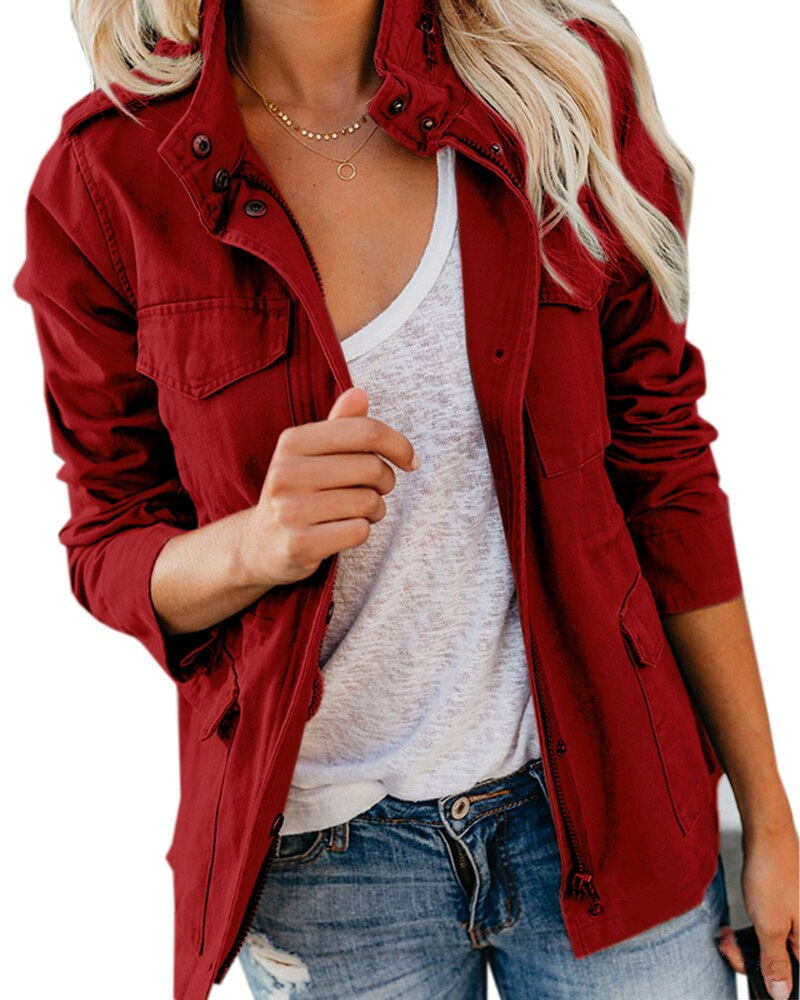Veste utilitaire femme mi-saison col montant avec poches style casual