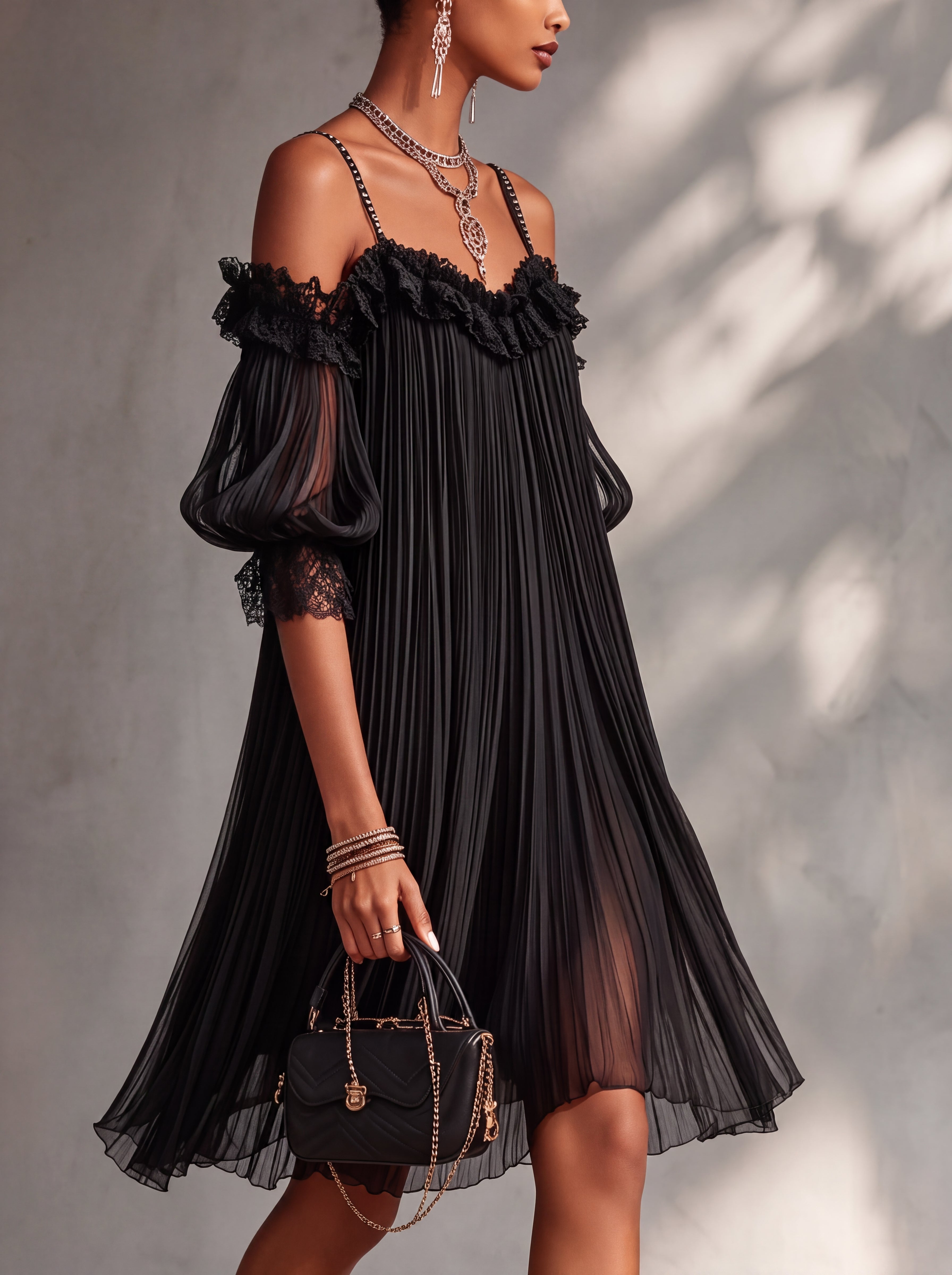 Mini robe noire femme plissée à épaules dénudées