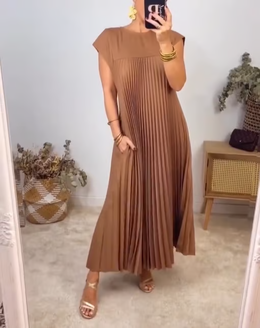 Robe femme longue fluide sans manches col rond avec poches – décontractée