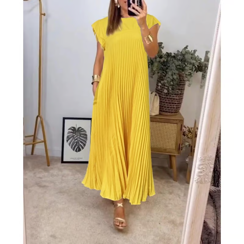 Robe femme longue fluide sans manches col rond avec poches – décontractée