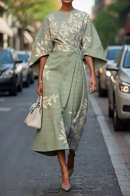 Robe Midi Femme Florale Élégante à Manches Fluides Chic
