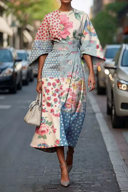 Robe Midi Femme Florale Élégante à Manches Fluides Chic