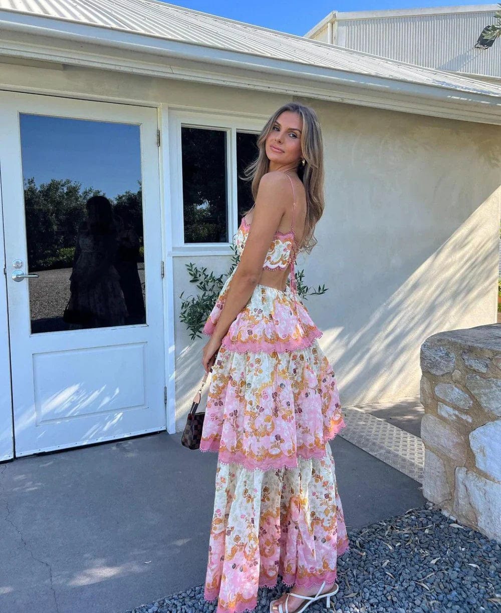 Robe Longue Bohème à Volants Imprimés