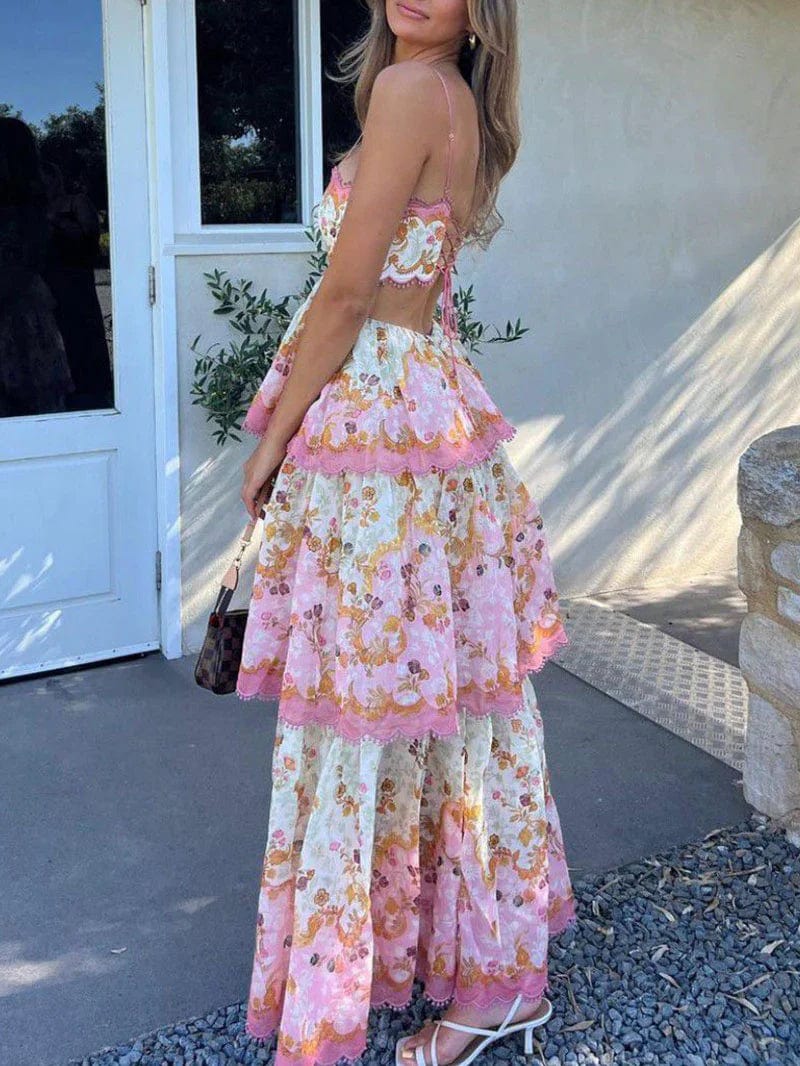 Robe Longue Bohème à Volants Imprimés