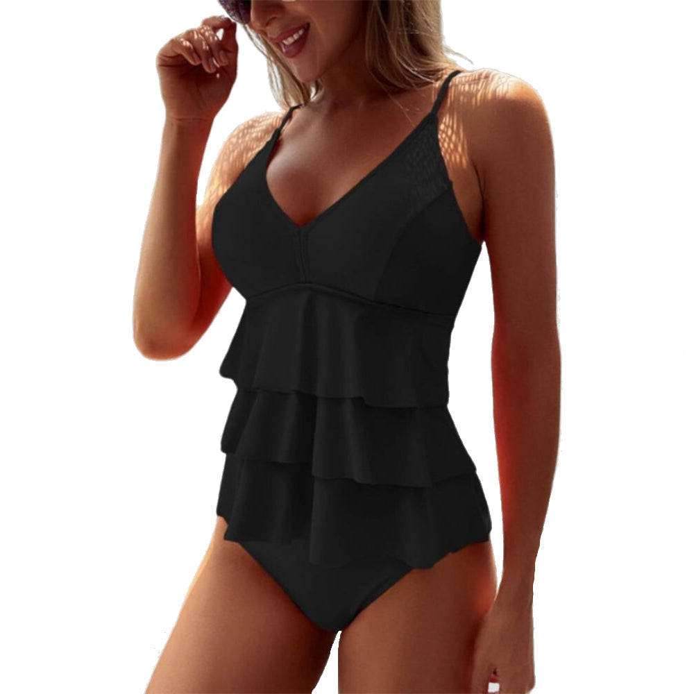 Maillot de bain femme à volants superposés avec col V et bretelles fines