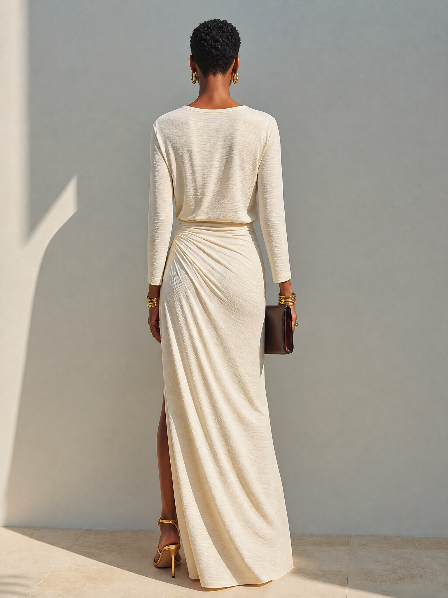 Robe longue femme drapée avec fente latérale