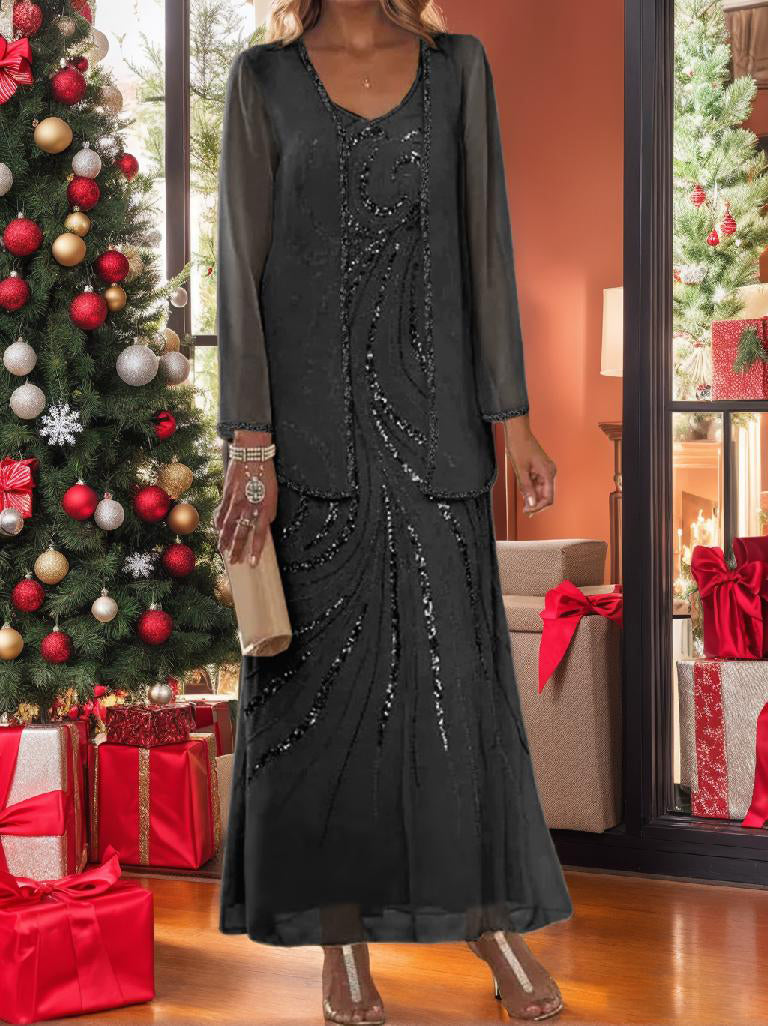 Robe Femme Élégante Longue Avec Veste Paillettes Col V Style Soirée Mariage