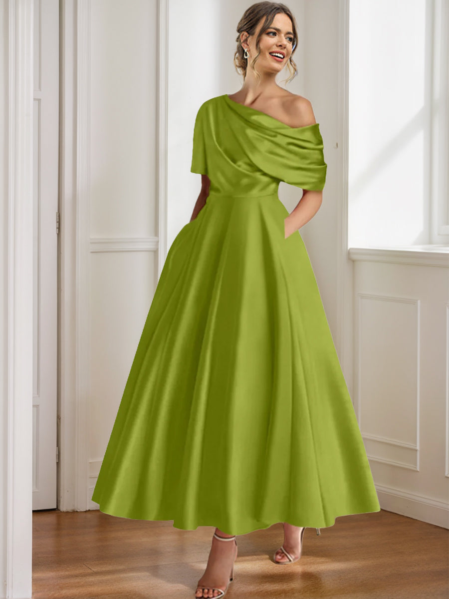 Robe Femme Élégante A-Line Épaule Dénudée Satin Volants Longueur Cheville