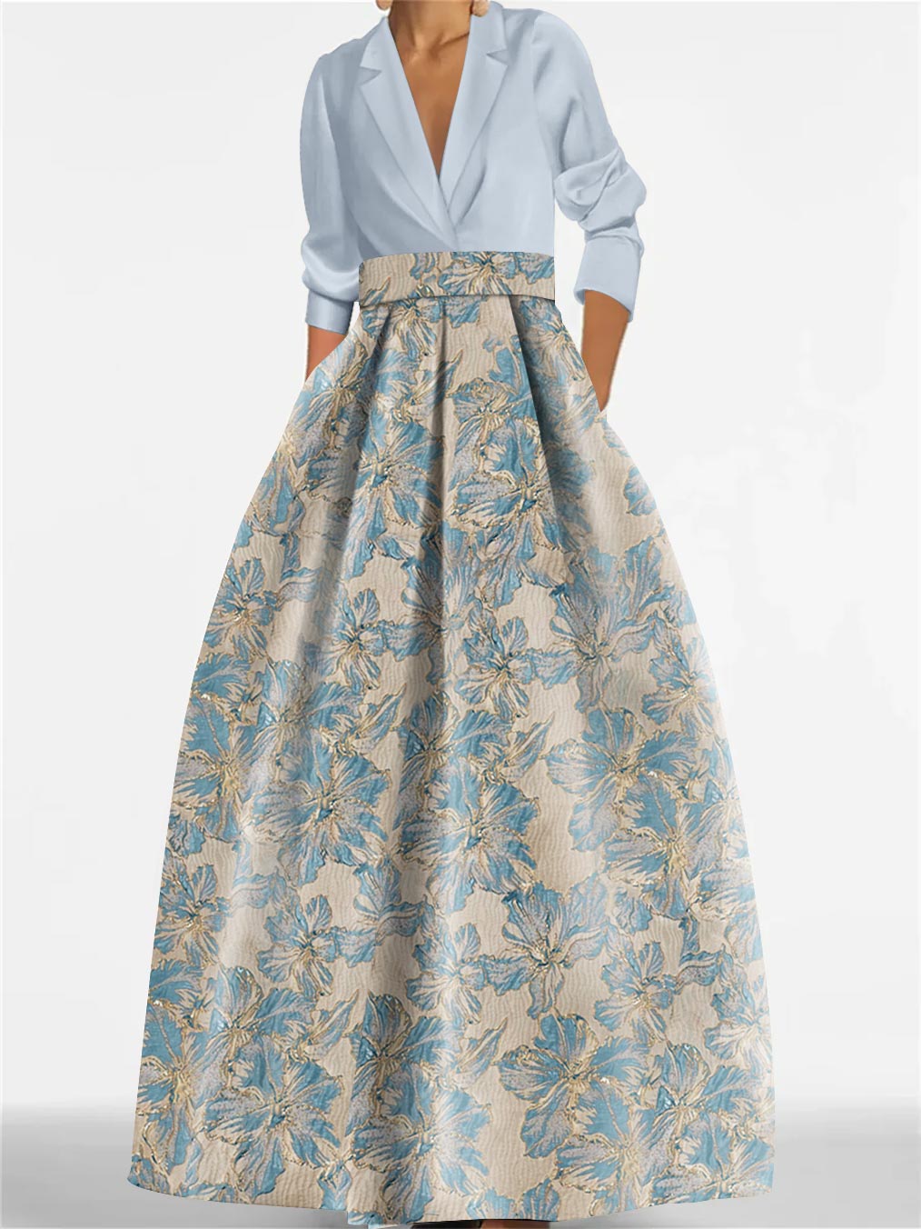 Robe Femme Longue Élégante Col Chemise A-Line Imprimé Floral Style Mariage