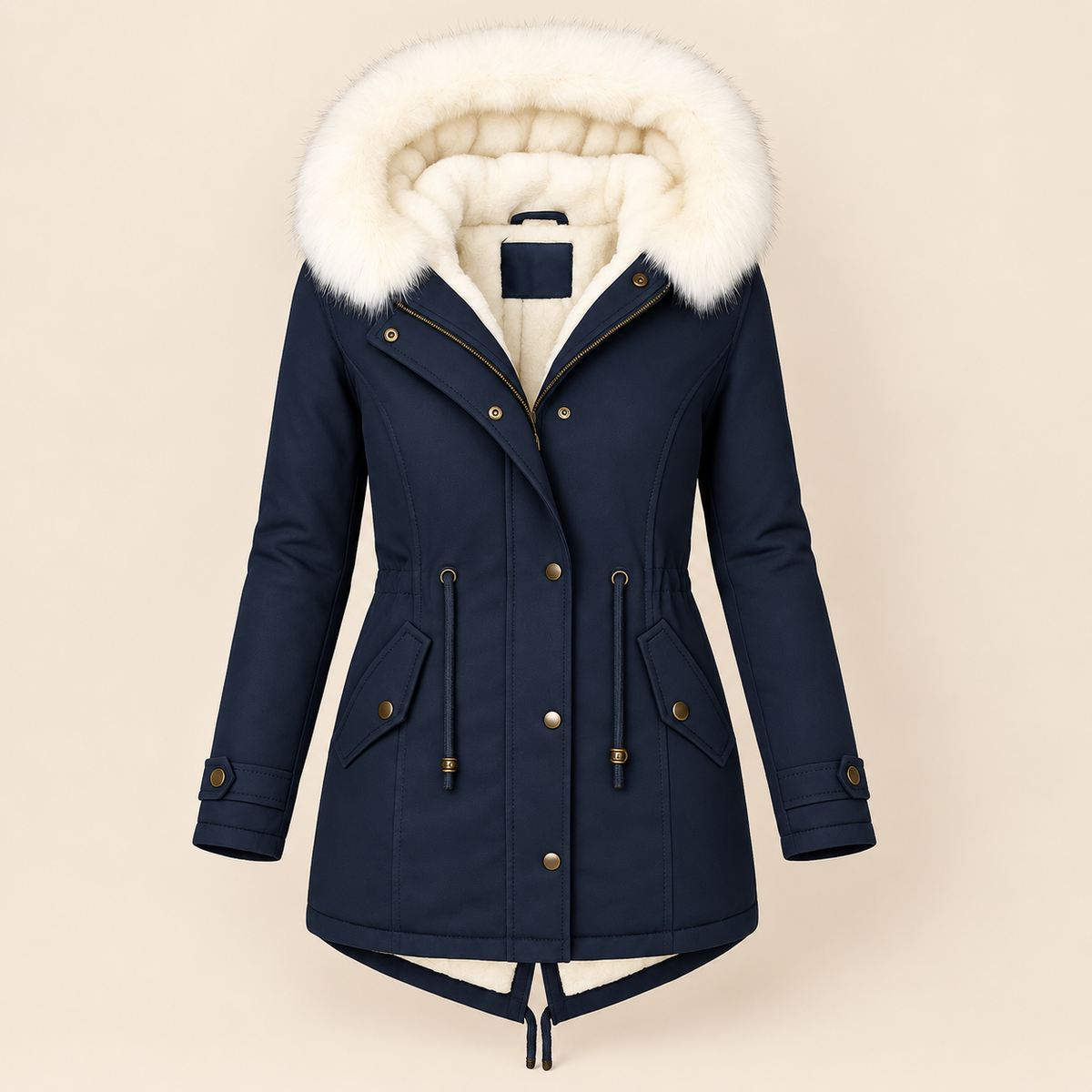 Parka longue femme à capuche fourrée et taille ajustable