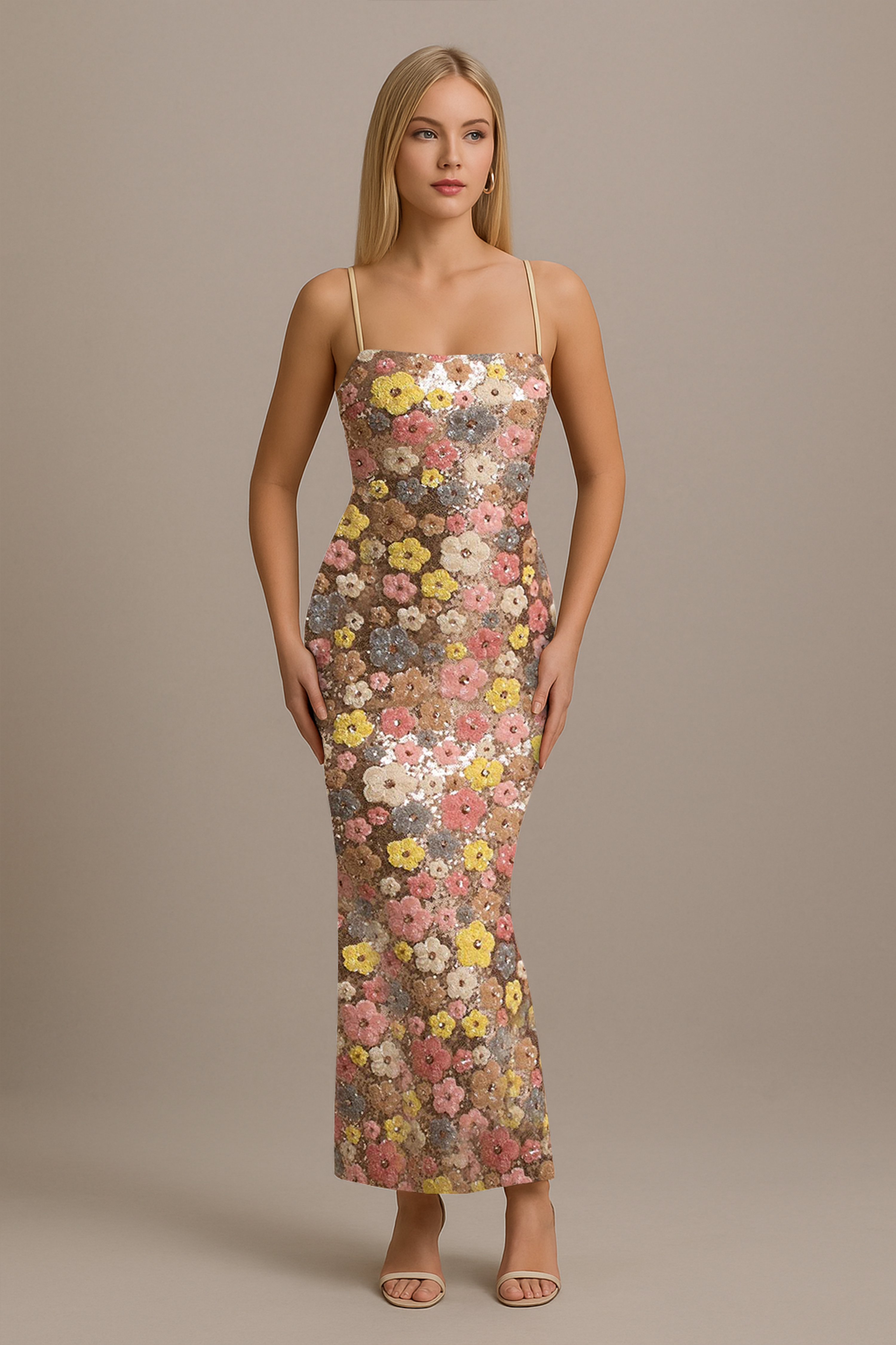 Robe Longue Fleurie Élégante avec Fines Bretelles