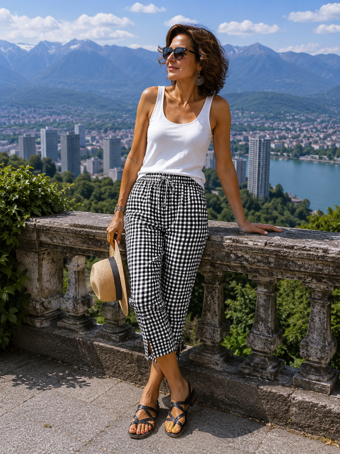 Pantalon capri femme à carreaux vichy et taille élastique