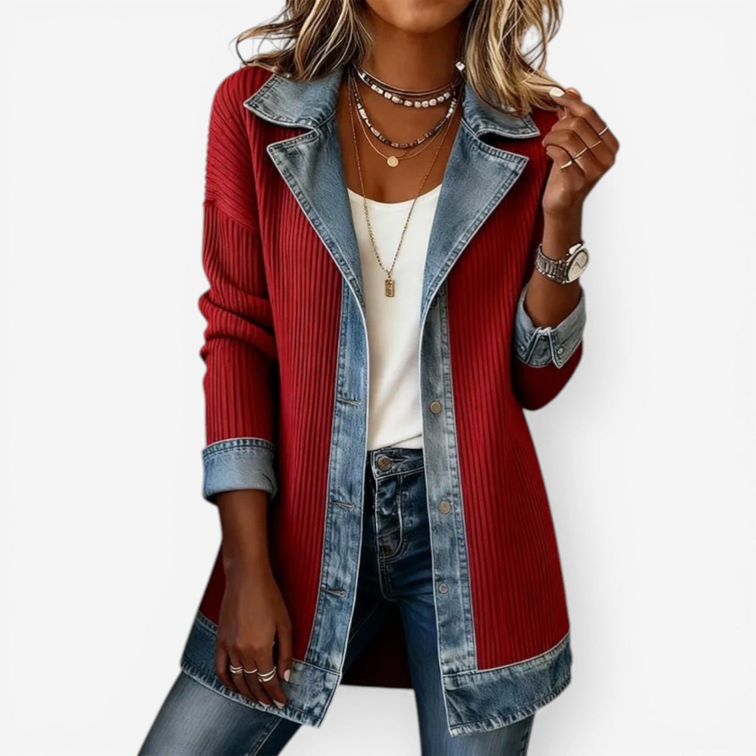 Veste Femme Effet Superposé Maille Et Denim Style Moderne