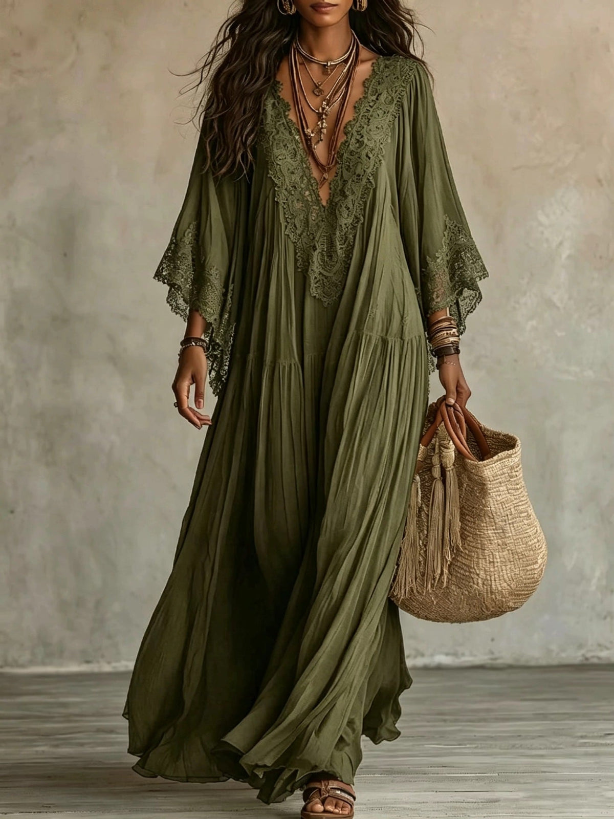 Robe maxi femme bohème fluide avec dentelle raffinée