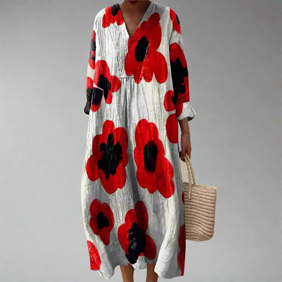 Robe femme longue fluide imprimé géométrique col V manches longues décontractée