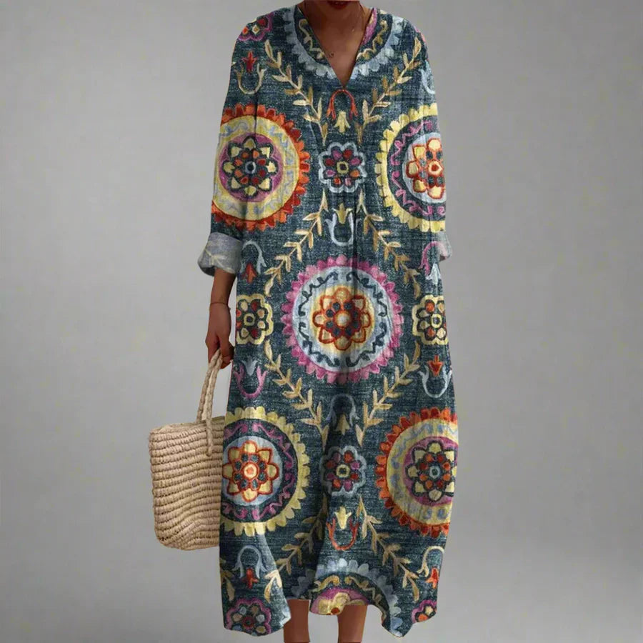 Robe femme longue fluide imprimé géométrique col V manches longues décontractée