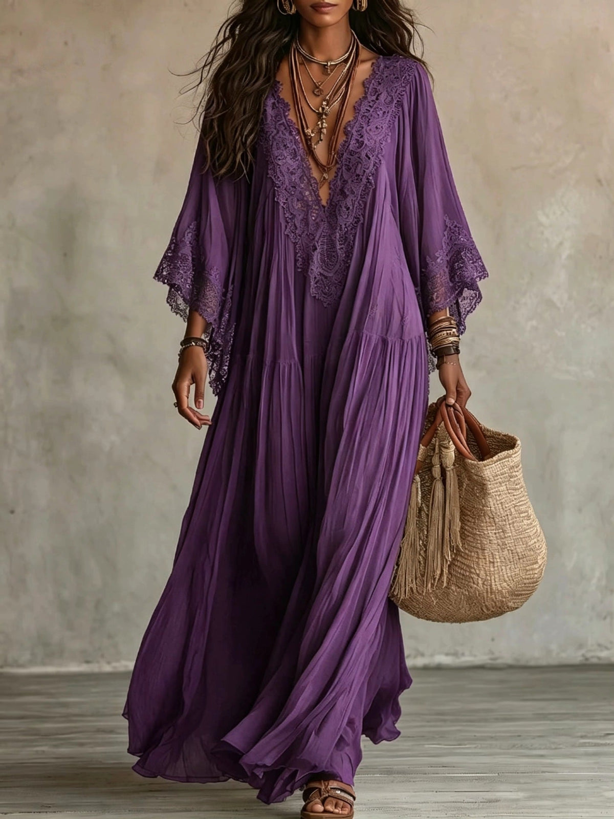 Robe maxi femme bohème fluide avec dentelle raffinée