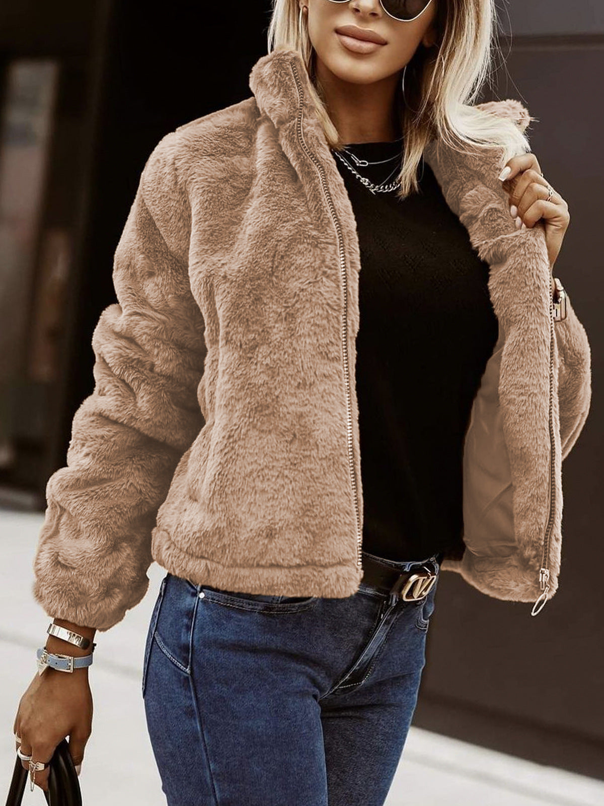 Veste Teddy Femme Style Bomber Doux Fermeture Zippée Confort Quotidien