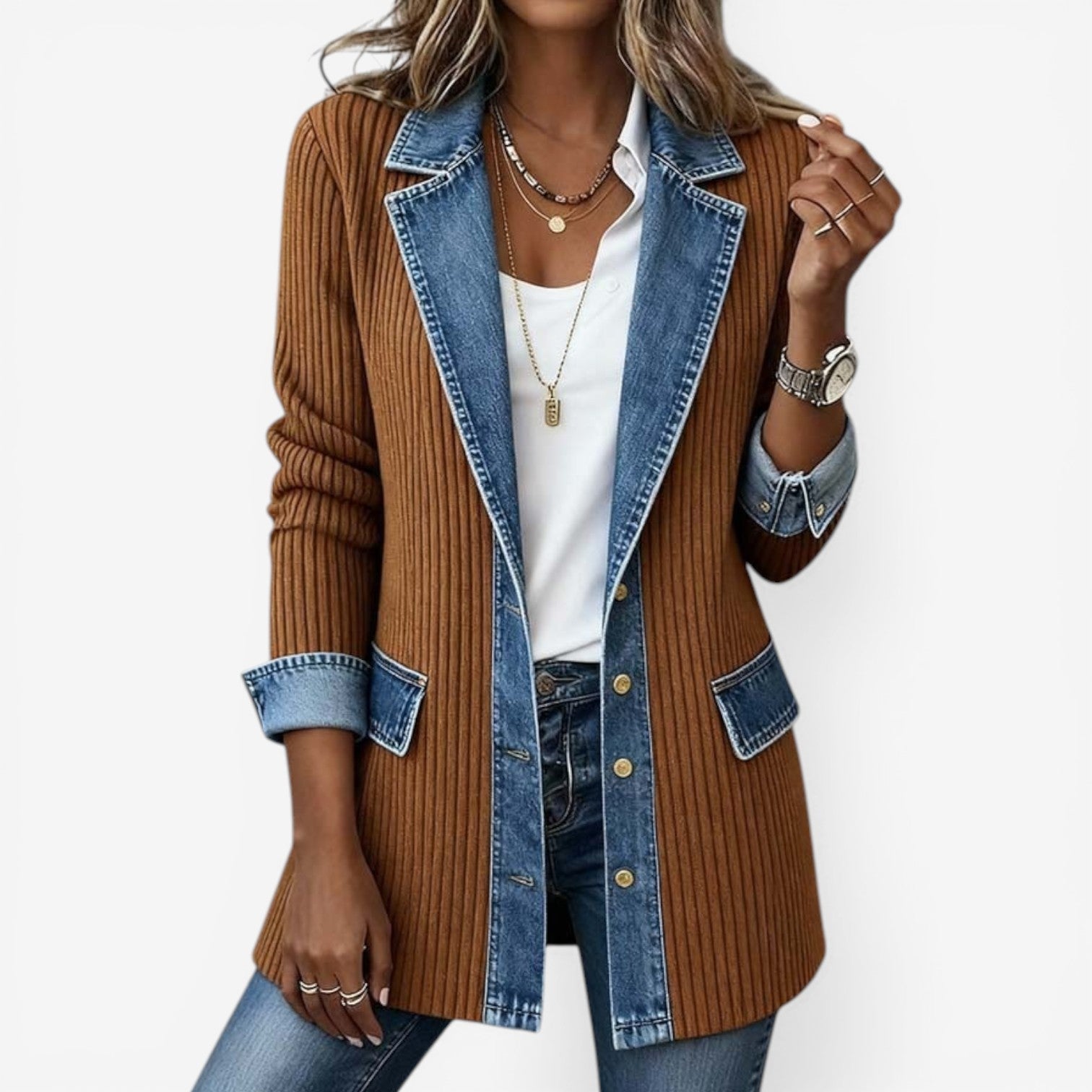 Veste Femme Effet Superposé Maille Et Denim Style Moderne