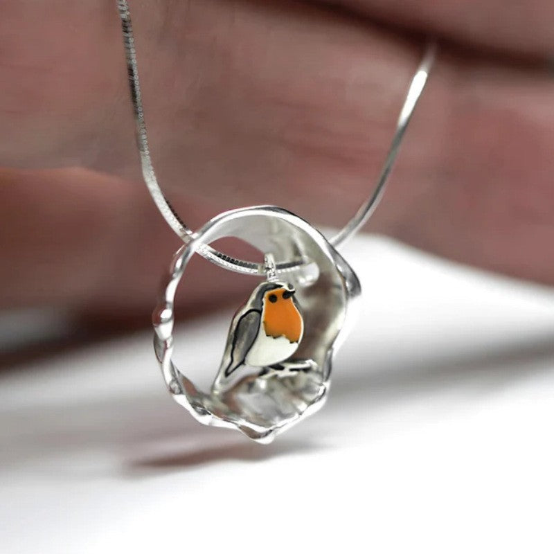 Collier femme argenté avec pendentif rouge-gorge