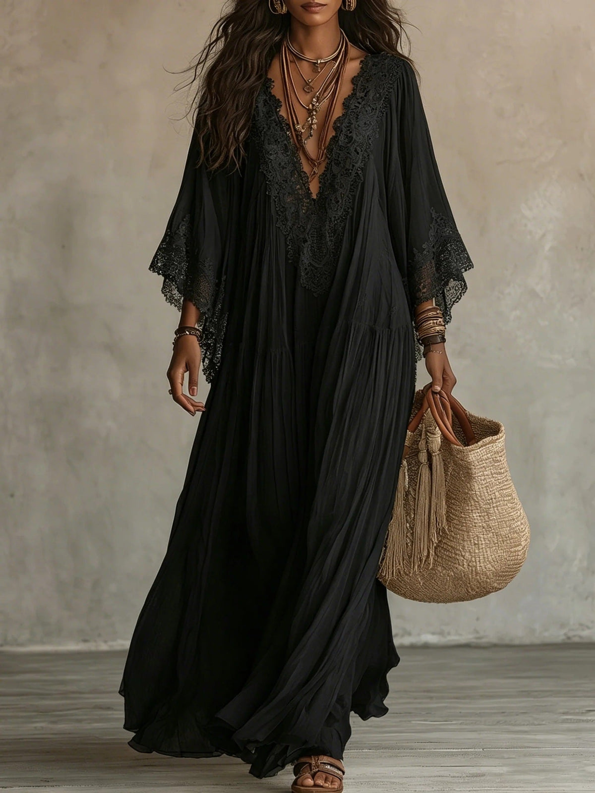 Robe maxi femme bohème fluide avec dentelle raffinée