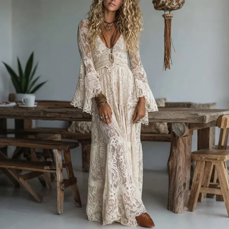 Robe longue femme en dentelle vintage à manches évasées