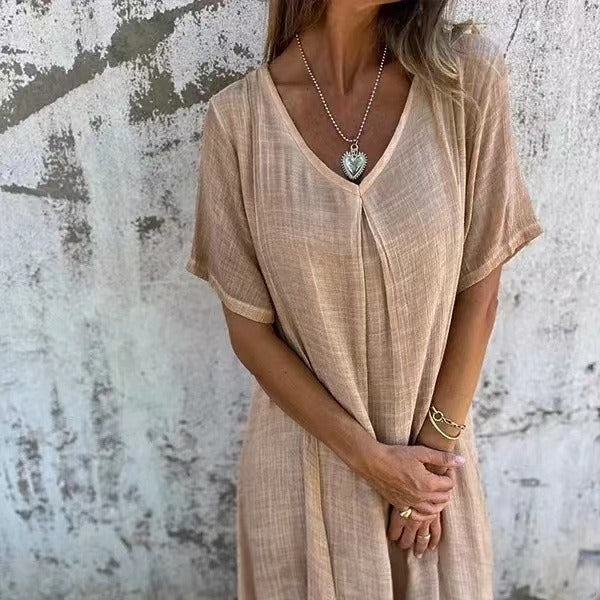 Robe d'été ample en coton et lin à col en V pour femmes