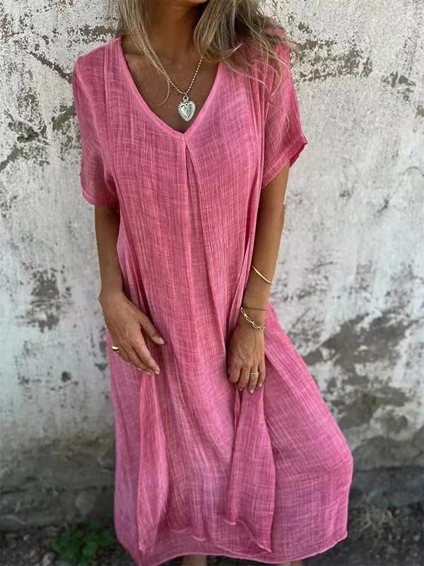 Robe d'été ample en coton et lin à col en V pour femmes