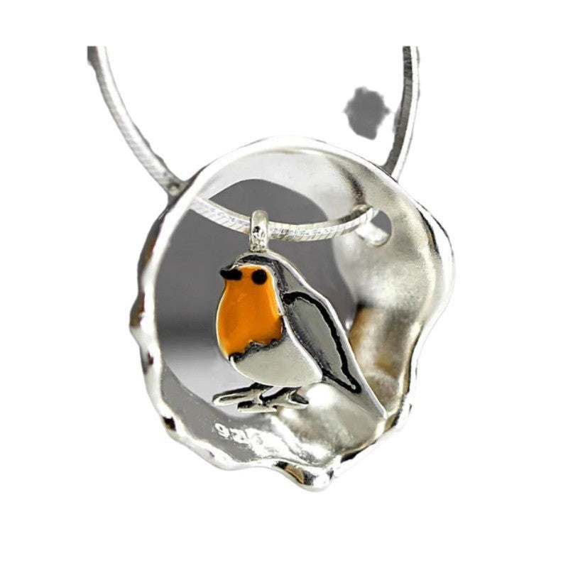 Collier femme argenté avec pendentif rouge-gorge