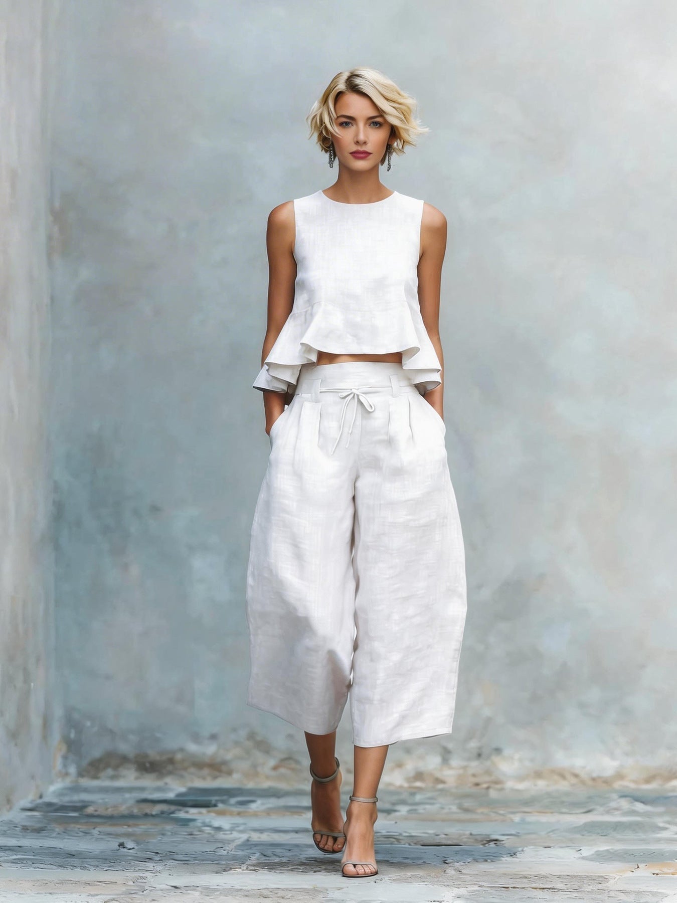 Ensemble femme deux pièces avec haut volanté et pantalon large