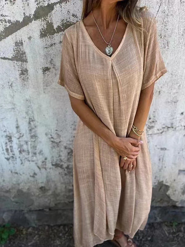 Robe d'été ample en coton et lin à col en V pour femmes