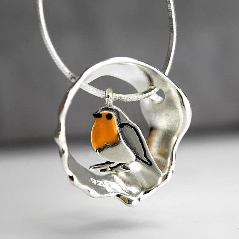Collier femme argenté avec pendentif rouge-gorge